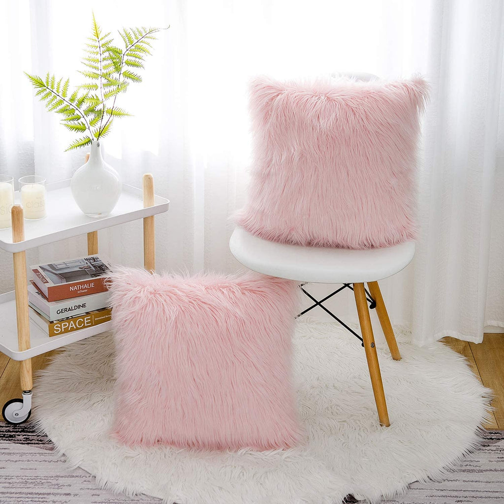 Set of 2 Easter Spring Pink Fluffy Pillow Covers New Luxury Series Merino Style Blush Faux Fur Throw Pillow Covers Square Fuzzy Cushion Case 18X18 Inch for Couch Sofa Home Decorations