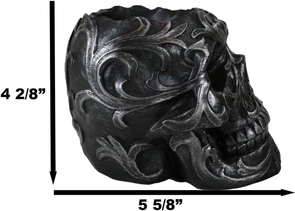 Set of 2 Tribal Tattoo Floral Skull Pen Holder Figurine 5.75" L Office Desktop Ossuary Skulls Decor Cranium Skeleton Head Stationery Holder as Halloween Macabre Graveyard Spooky Statue