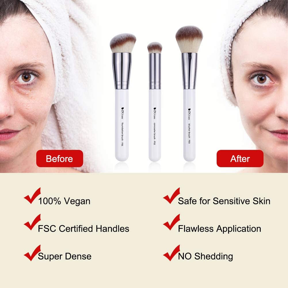 3Pcs Kabuki Makeup Brush Set, Foundation Contour Blush Concealer Brush, Travel Buffing Blending Brush for Liquid Cream Powder Face Makeup White