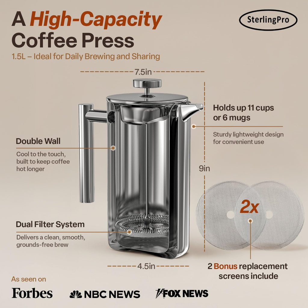 Stainless Steel French Press Coffee Maker 1.5 L (51 Oz) Mirror – Double Walled Insulated Large Coffee Press, Durable Design Keeps Drinks Hot, Easy to Use and Clean for Rich Flavor Brewing