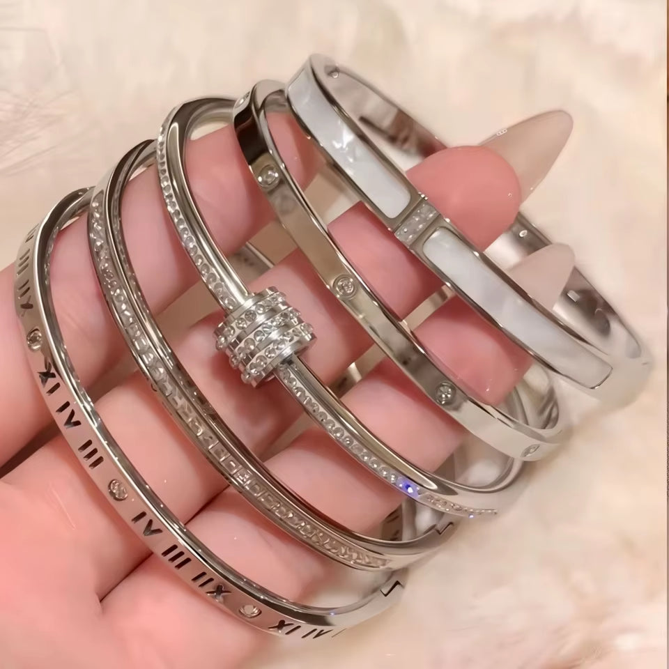 Yupsk 5Pcs/Set Silver Color Titanium Steel Bracelet for Couples Shiny Zircon Inlaid Stainless Steel Bangles Female Jewelry Gift