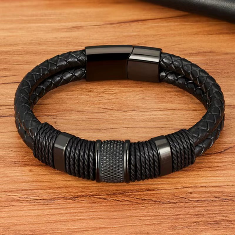 Vintage Woven Leather Rope Wrap Bracelets for Men Classic Stainless Steel Bangles Bracelets Punk Wristband Jewelry Male Gifts