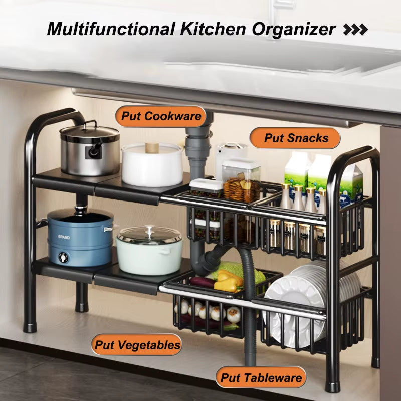 Kitchen under Sink Adjustable Dish Rack 2 Tiers Multifunctional Pots Pans Cookware Storage Rack Kitchen Counter Cabinet Basket