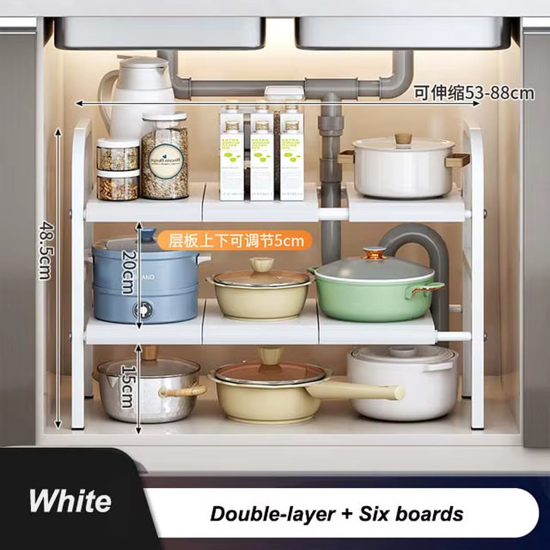 Kitchen under Sink Adjustable Dish Rack 2 Tiers Multifunctional Pots Pans Cookware Storage Rack Kitchen Counter Cabinet Basket
