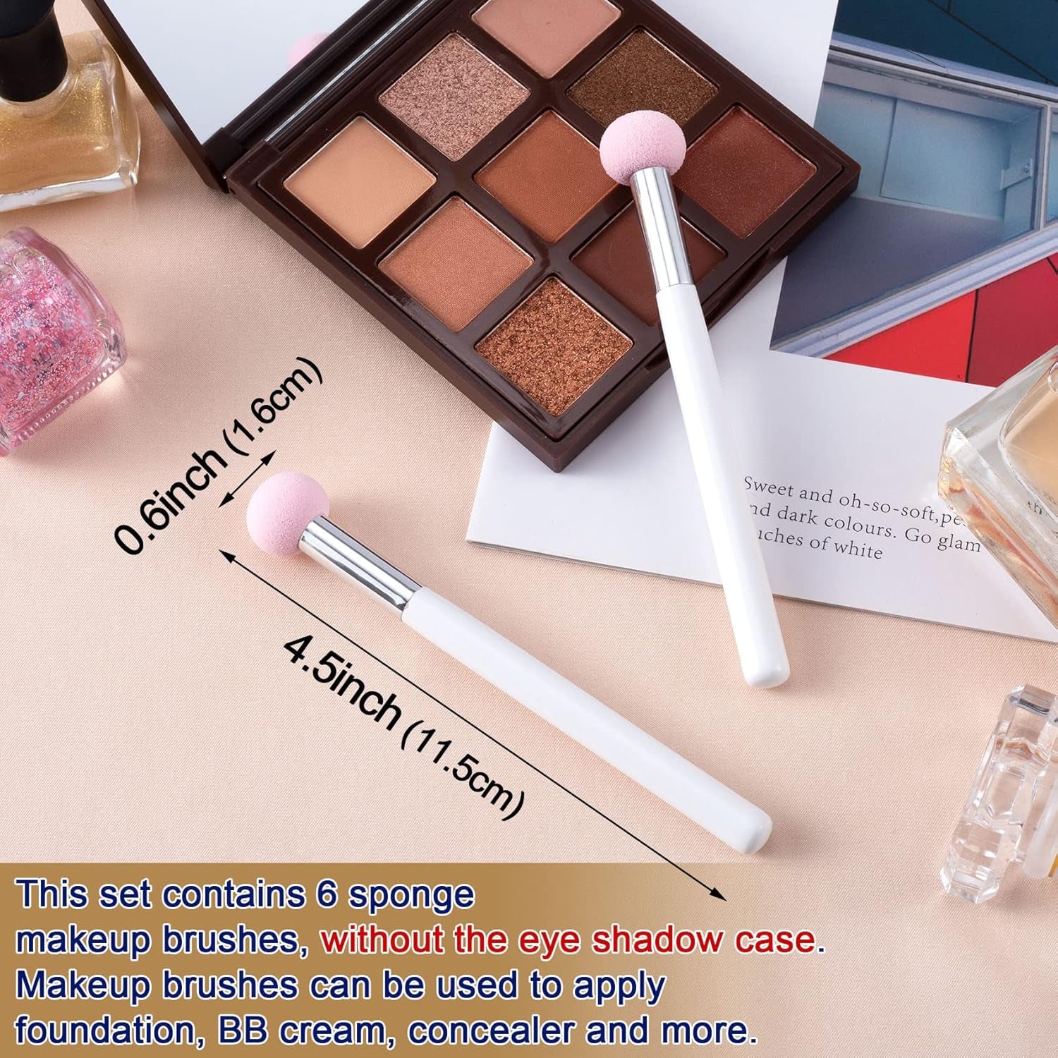 6Pcs Sponge Makeup Applicator with Handle, Sponge Eyeshadow Applicators Makeup, Eyeshadow Sponge Brush, Cotton Eye Makeup Eyeshadow Brushes for Women Girls (4.5 Inch Long) Washable