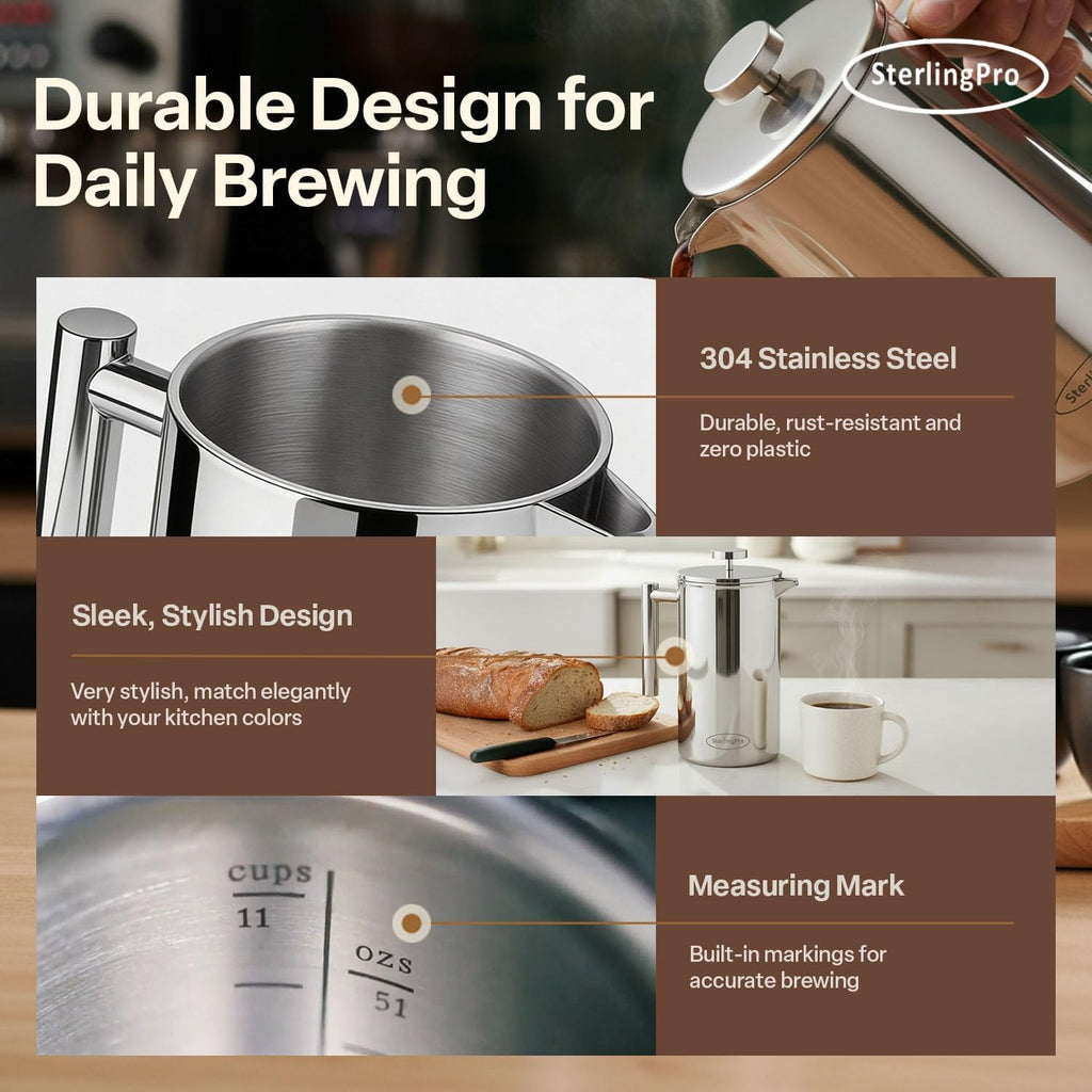 Stainless Steel French Press Coffee Maker 1.5 L (51 Oz) Mirror – Double Walled Insulated Large Coffee Press, Durable Design Keeps Drinks Hot, Easy to Use and Clean for Rich Flavor Brewing