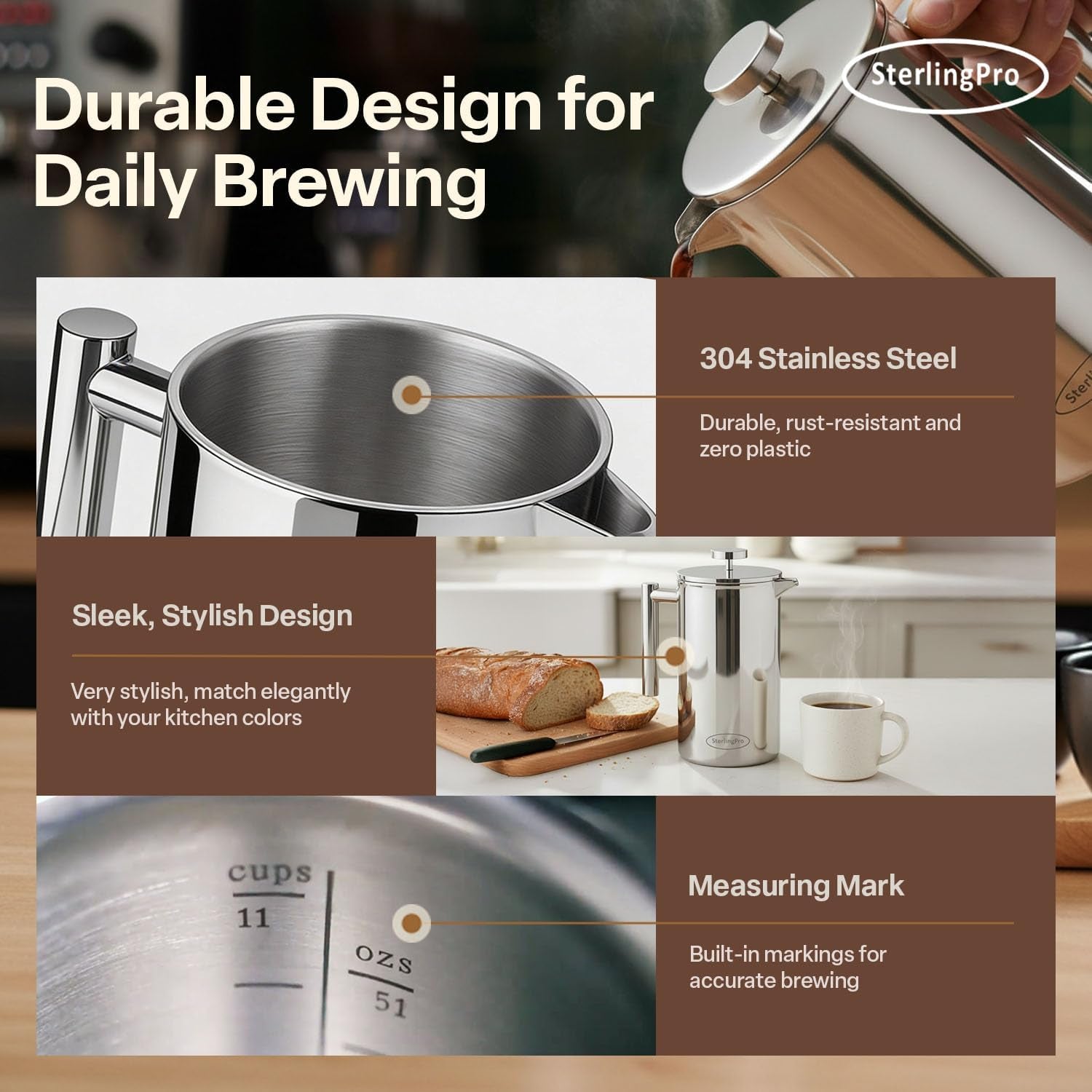 Stainless Steel French Press Coffee Maker 1.5 L (51 Oz) Mirror – Double Walled Insulated Large Coffee Press, Durable Design Keeps Drinks Hot, Easy to Use and Clean for Rich Flavor Brewing