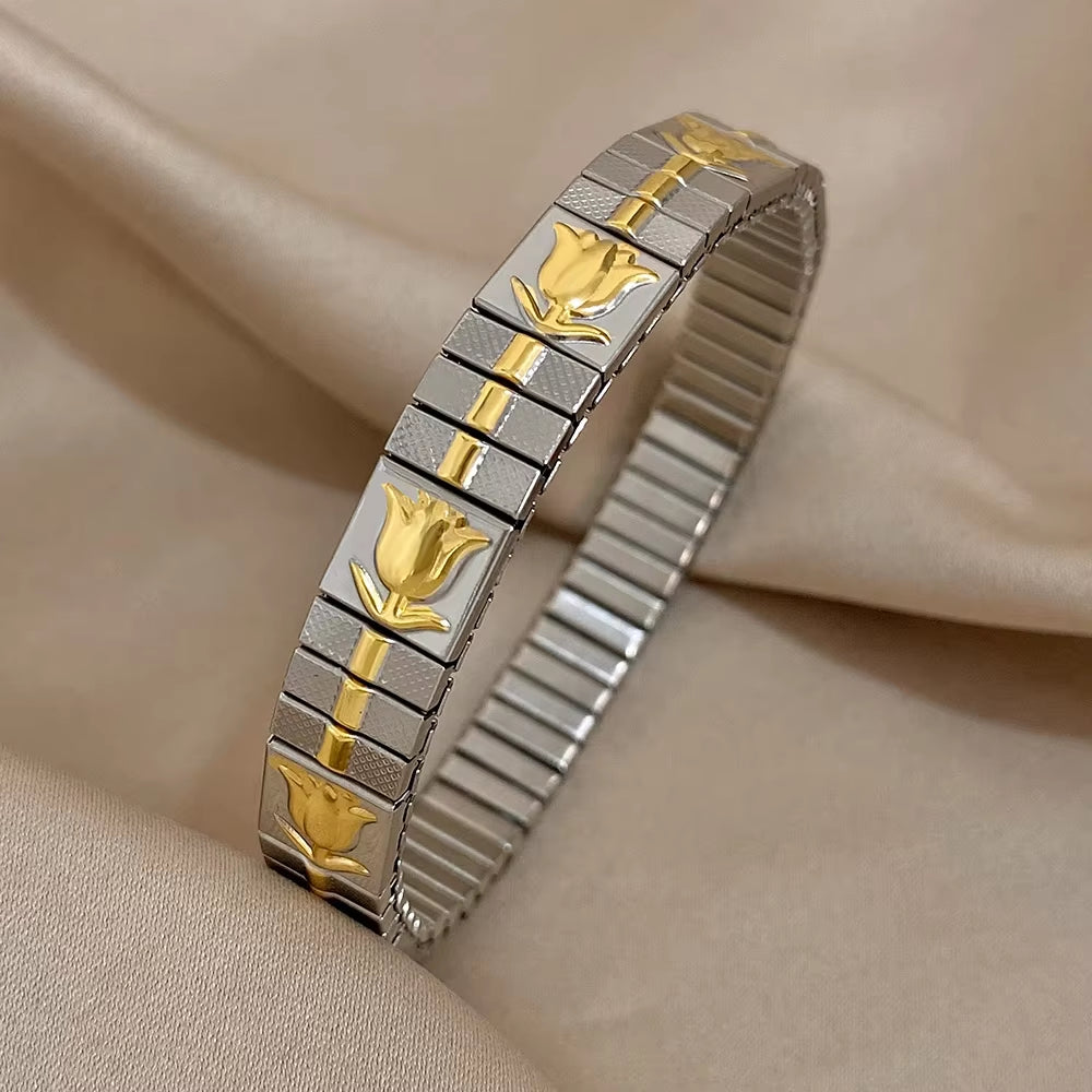 Waterproof Stainless Steel Bangles Bracelet 18K Plated Fashion Jewelry for Women Men Love Heart Flower Square Pattern Jewelry