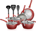 11-Pcs Non-Stick Kitchenware Pots & Pans - Stylish Kitchen Cookware Set W/Elegant Diamond Pattern, Gray inside & Red Outside, Cool-Touch Handles