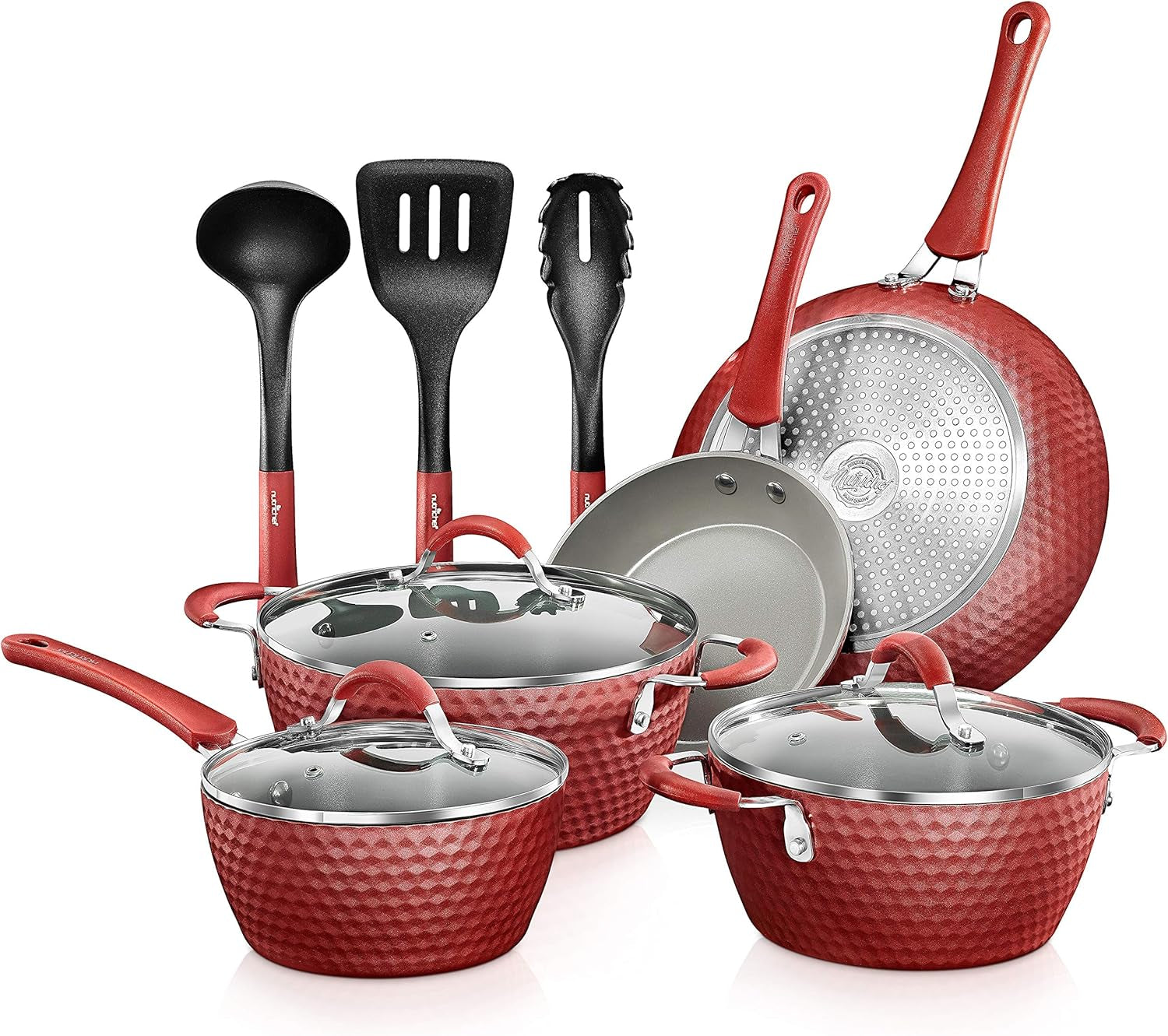 11-Pcs Non-Stick Kitchenware Pots & Pans - Stylish Kitchen Cookware Set W/Elegant Diamond Pattern, Gray inside & Red Outside, Cool-Touch Handles