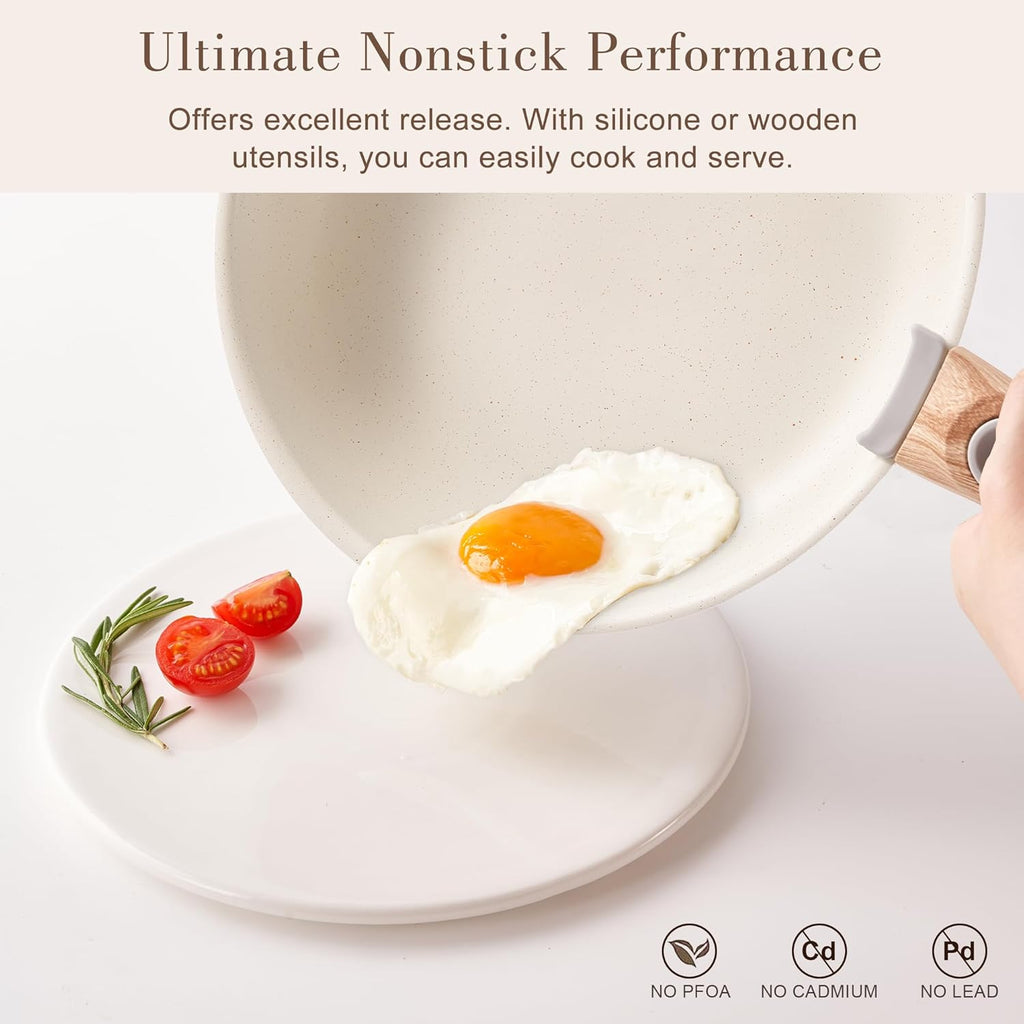 Nonstick Cookware Set -  Stackable Pots and Pans Set Detachable Handle Camping Cookware Granite Kitchen Cookware Sets Removable Handle, Non Toxic Nonstick Frying Pans for Cooking Set Gift Beige
