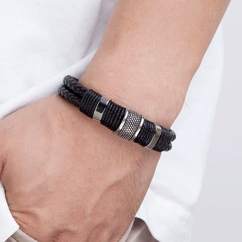 Vintage Woven Leather Rope Wrap Bracelets for Men Classic Stainless Steel Bangles Bracelets Punk Wristband Jewelry Male Gifts