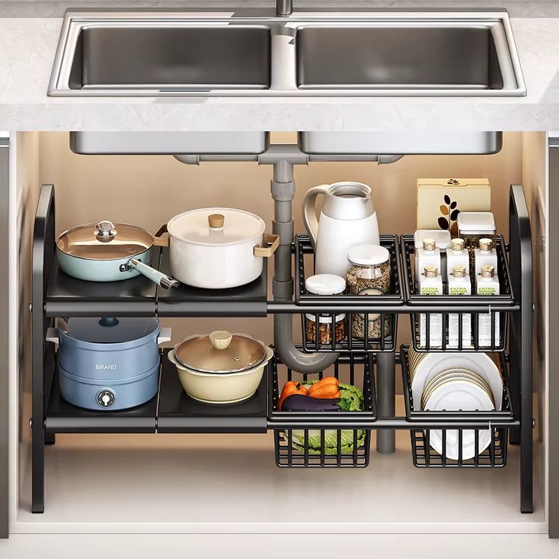 Kitchen under Sink Adjustable Dish Rack 2 Tiers Multifunctional Pots Pans Cookware Storage Rack Kitchen Counter Cabinet Basket