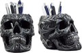 Set of 2 Tribal Tattoo Floral Skull Pen Holder Figurine 5.75" L Office Desktop Ossuary Skulls Decor Cranium Skeleton Head Stationery Holder as Halloween Macabre Graveyard Spooky Statue
