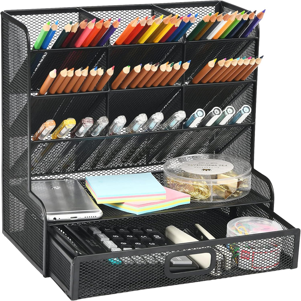 Mesh Pen Holder for Desk, Multi-Functional Pencil Organizer with Drawer, Desk Organizers and Accessories for Office Art Supplies (Large Black)