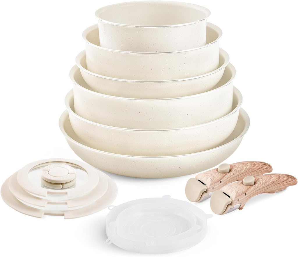 Nonstick Cookware Set -  Stackable Pots and Pans Set Detachable Handle Camping Cookware Granite Kitchen Cookware Sets Removable Handle, Non Toxic Nonstick Frying Pans for Cooking Set Gift Beige