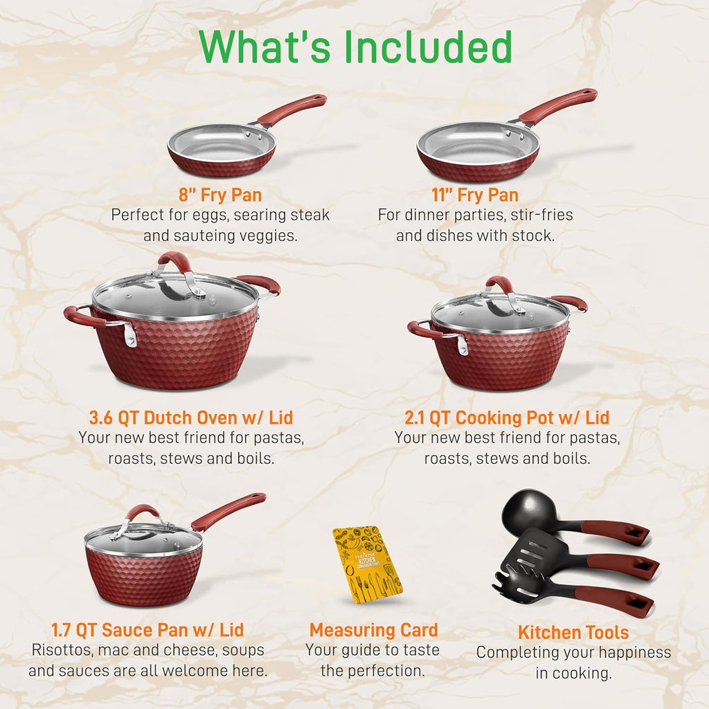 11-Pcs Non-Stick Kitchenware Pots & Pans - Stylish Kitchen Cookware Set W/Elegant Diamond Pattern, Gray inside & Red Outside, Cool-Touch Handles