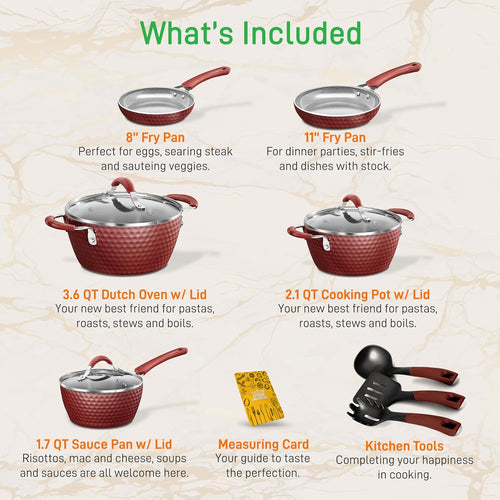 11-Pcs Non-Stick Kitchenware Pots & Pans - Stylish Kitchen Cookware Set W/Elegant Diamond Pattern, Gray inside & Red Outside, Cool-Touch Handles
