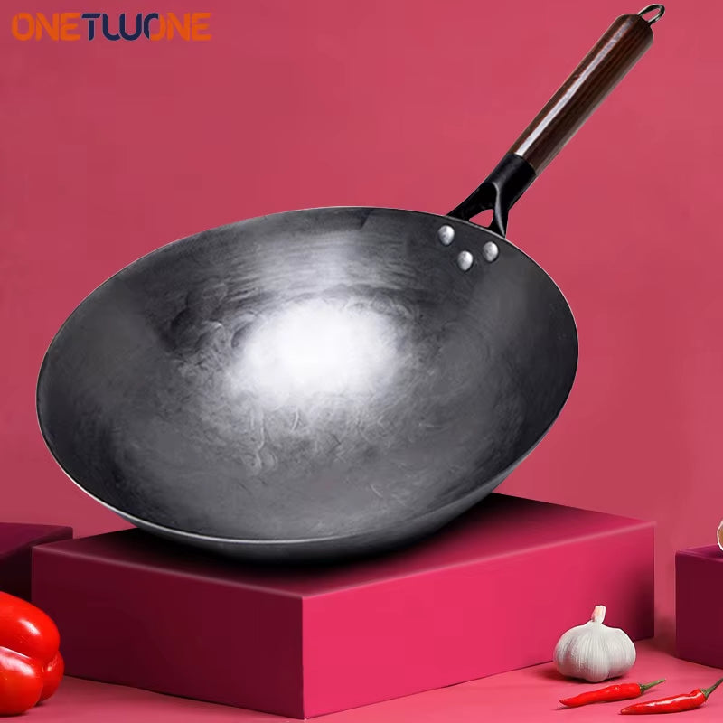 Traditional Iron Wok,Non-Coating Woks Hand Forged for Kitchen Panwooden Handle Wok Kitchen Gas Pot Cookware