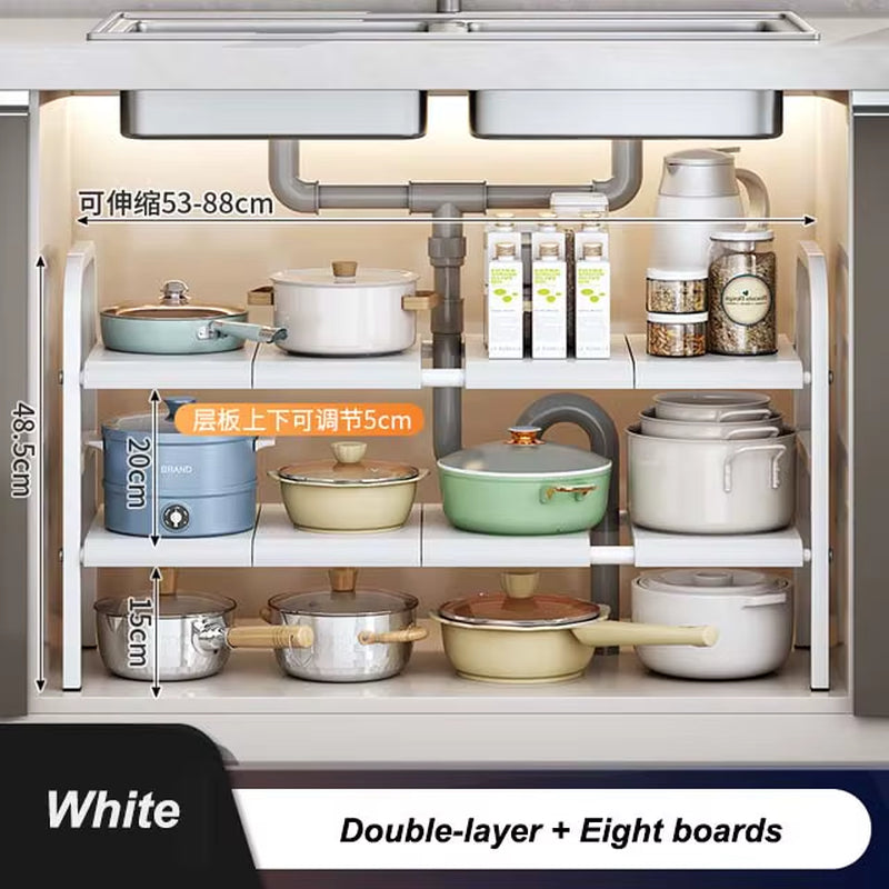 Kitchen under Sink Adjustable Dish Rack 2 Tiers Multifunctional Pots Pans Cookware Storage Rack Kitchen Counter Cabinet Basket