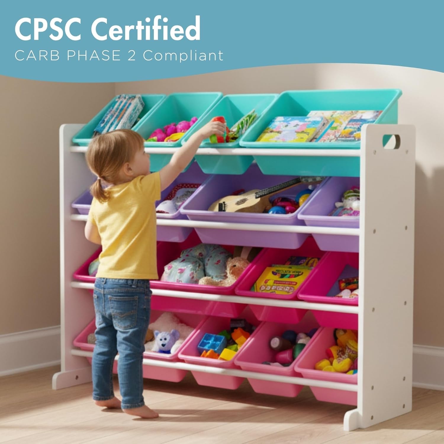 Supersized Toy Storage Organizer with 16 Removable Bins, White/Blue/Pink/Purple – Large Toy Storage for Toddlers Ideal for Kids' Rooms, Playrooms, and Nurseries - Modern Toy Bins for Kids