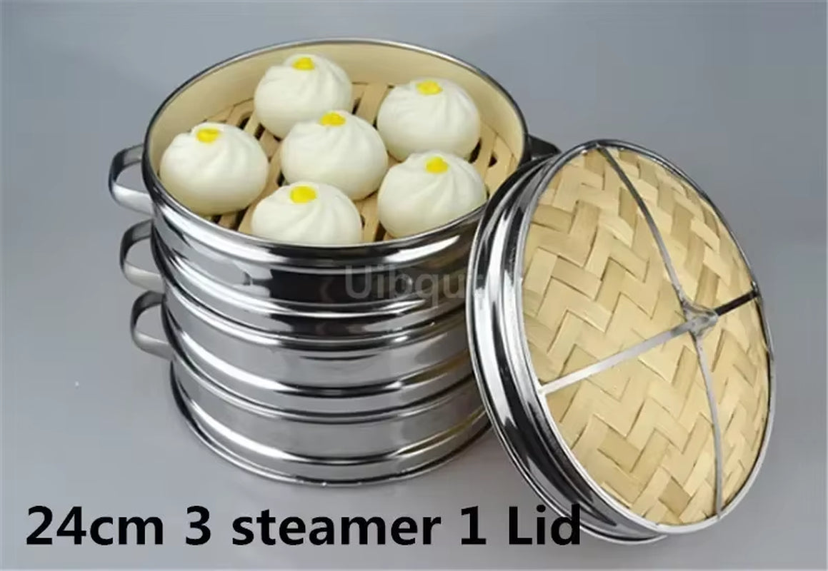 14 to 30Cm Stainless Steel Cookware Bamboo Steamer with Lid Chinese Kitchen Cookware for Cooking Fish Rise Pasta Vegetables Dim