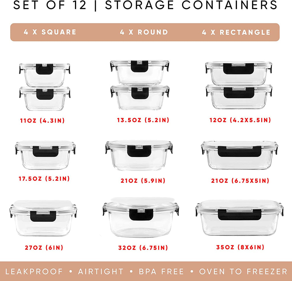 24Pc Borosilicate Glass Storage Containers with Lids | 12 Airtight/Freezer Safe Food Storage Containers for Pantry and Kitchen | Meal Prep Container for Lunch | Glass Tupperware Set