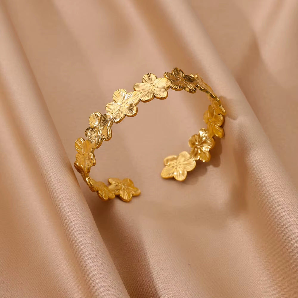 Flower Cuff Bracelet Bangle for Women Gold Color Flora Stainless Steel Bangles Casting Aesthetic Couple Wrist Jewelry Pulseras