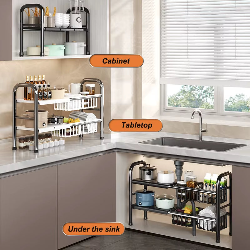 Kitchen under Sink Adjustable Dish Rack 2 Tiers Multifunctional Pots Pans Cookware Storage Rack Kitchen Counter Cabinet Basket