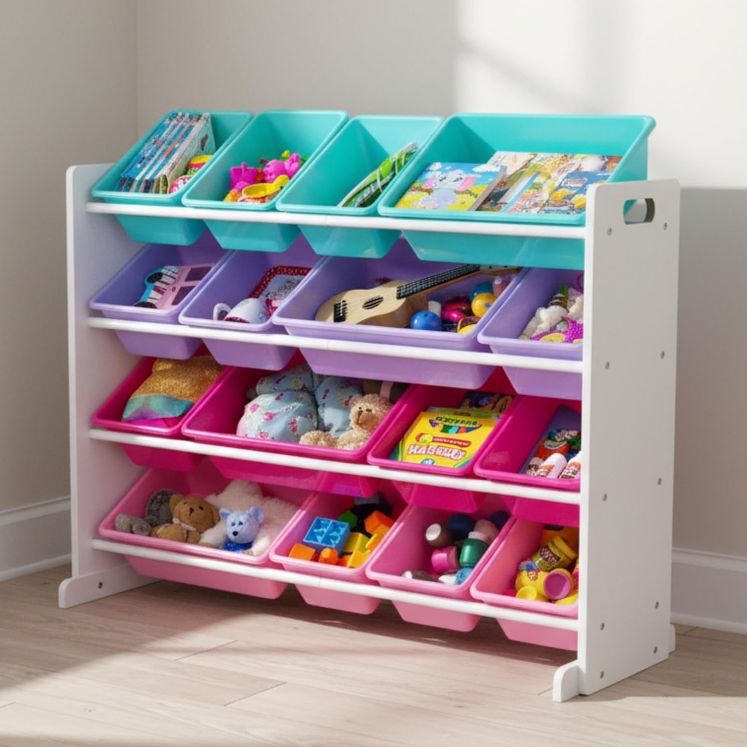 Supersized Toy Storage Organizer with 16 Removable Bins, White/Blue/Pink/Purple – Large Toy Storage for Toddlers Ideal for Kids' Rooms, Playrooms, and Nurseries - Modern Toy Bins for Kids