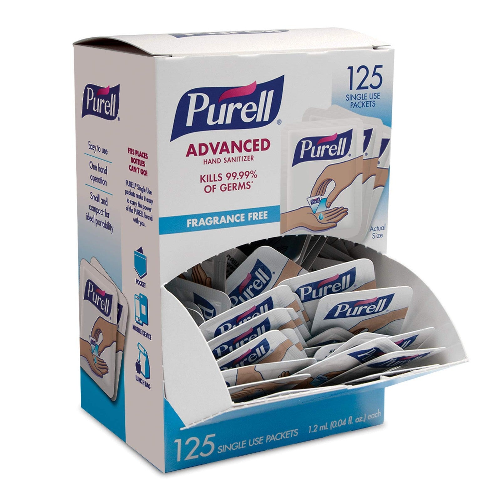 PURELL SINGLES Advanced Hand Sanitizer Gel, Fragrance Free, 125 Count Single-Use