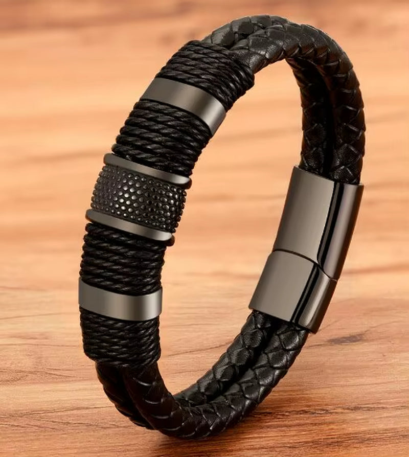 Vintage Woven Leather Rope Wrap Bracelets for Men Classic Stainless Steel Bangles Bracelets Punk Wristband Jewelry Male Gifts