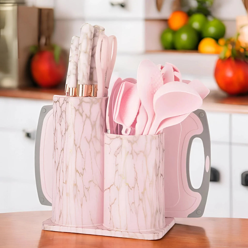 Black Marble Utensil & Knife Block Set - Gold Vein Countertop Organizer