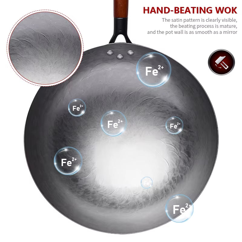 Traditional Iron Wok,Non-Coating Woks Hand Forged for Kitchen Panwooden Handle Wok Kitchen Gas Pot Cookware