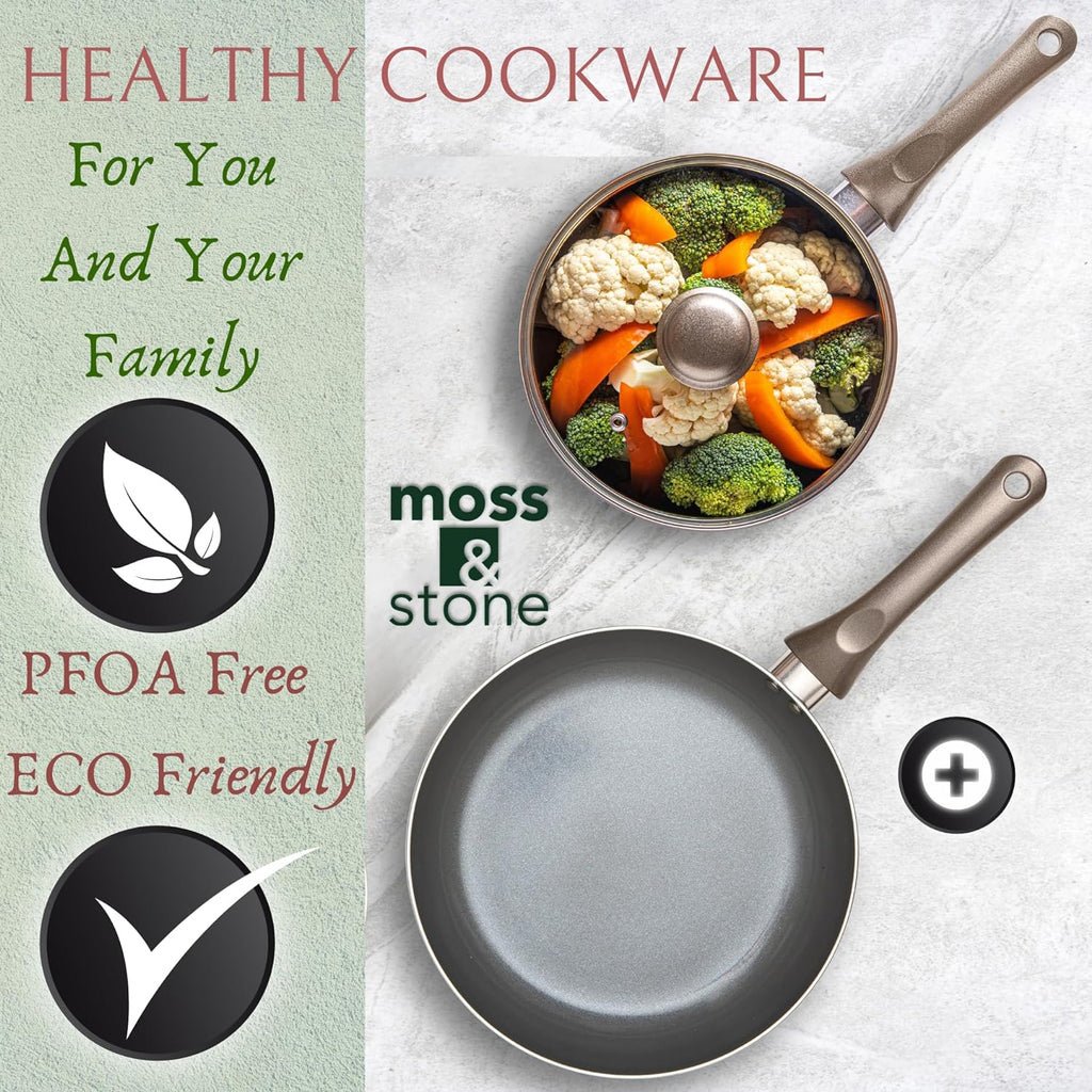 6 Pcs Dark Grey Nonstick Cookware Set, Pots and Pans Set Non Stick with Glass Lid, Induction Cookware, Stay-Cool Handle PTFE/PFOA Kitchen Pots 6-Piece with Frying Pans & Saucepan