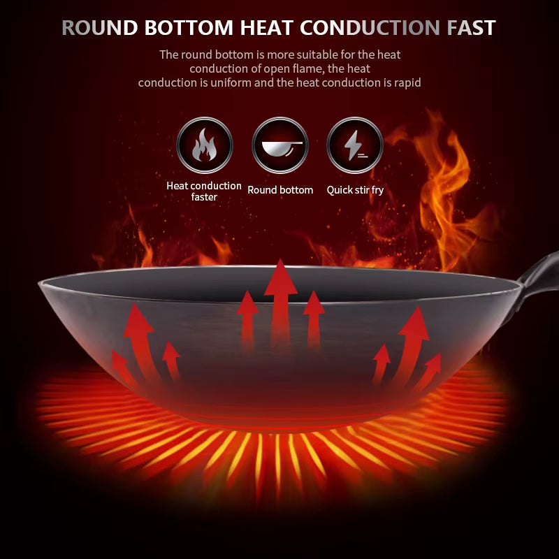 Traditional Iron Wok,Non-Coating Woks Hand Forged for Kitchen Panwooden Handle Wok Kitchen Gas Pot Cookware