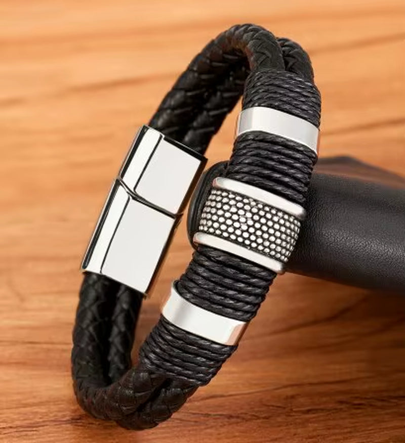 Vintage Woven Leather Rope Wrap Bracelets for Men Classic Stainless Steel Bangles Bracelets Punk Wristband Jewelry Male Gifts