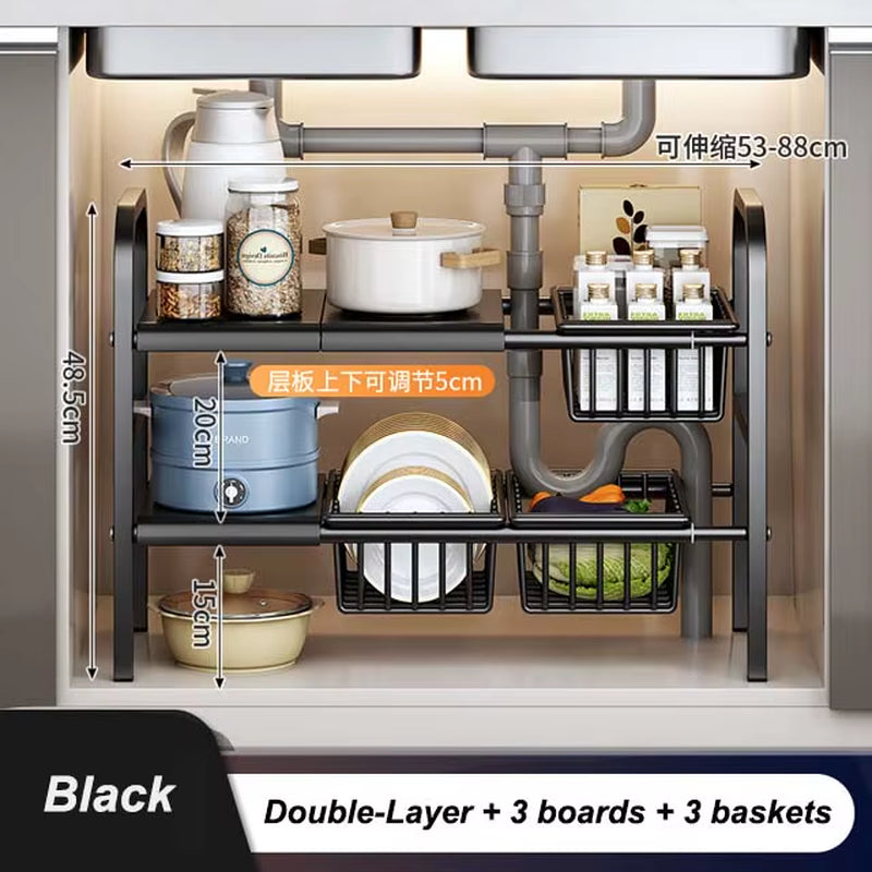 Kitchen under Sink Adjustable Dish Rack 2 Tiers Multifunctional Pots Pans Cookware Storage Rack Kitchen Counter Cabinet Basket