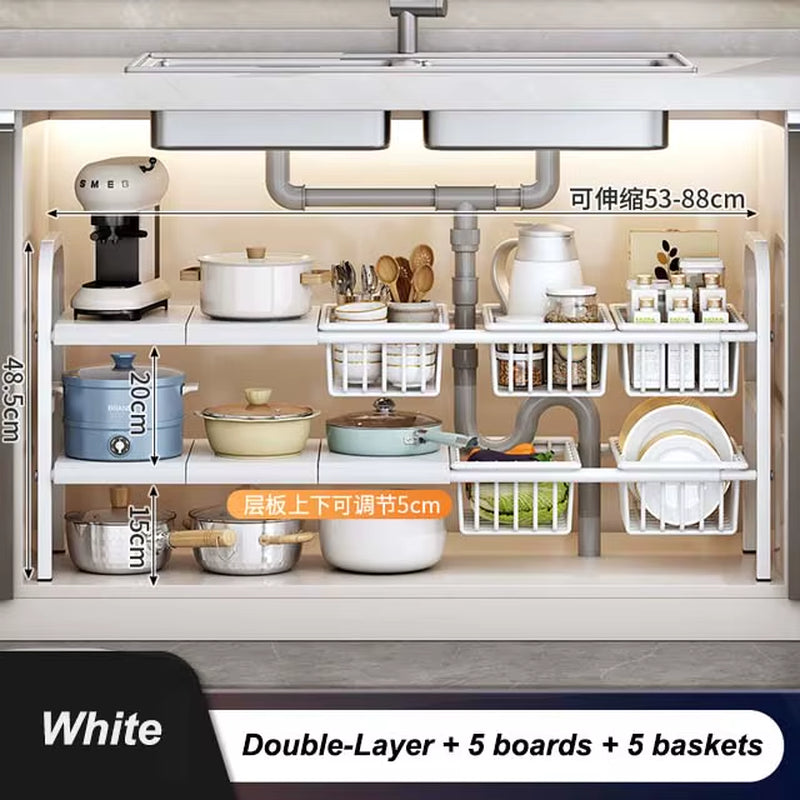 Kitchen under Sink Adjustable Dish Rack 2 Tiers Multifunctional Pots Pans Cookware Storage Rack Kitchen Counter Cabinet Basket