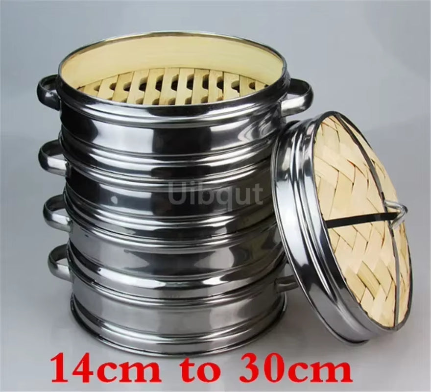 14 to 30Cm Stainless Steel Cookware Bamboo Steamer with Lid Chinese Kitchen Cookware for Cooking Fish Rise Pasta Vegetables Dim