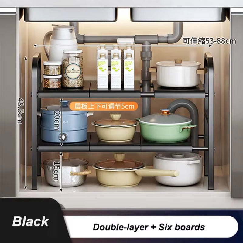 Kitchen under Sink Adjustable Dish Rack 2 Tiers Multifunctional Pots Pans Cookware Storage Rack Kitchen Counter Cabinet Basket