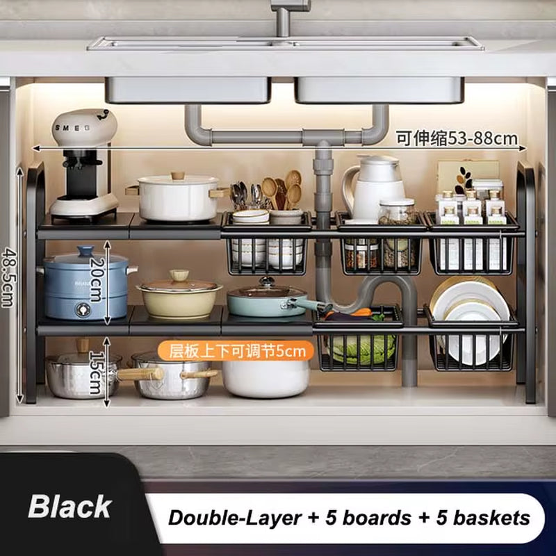 Kitchen under Sink Adjustable Dish Rack 2 Tiers Multifunctional Pots Pans Cookware Storage Rack Kitchen Counter Cabinet Basket