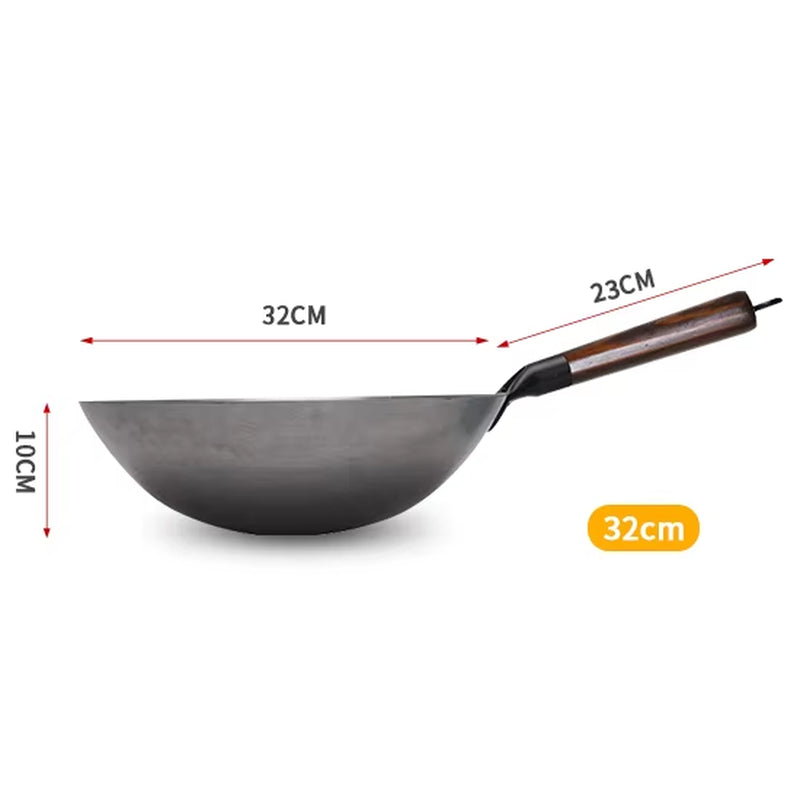 Traditional Iron Wok,Non-Coating Woks Hand Forged for Kitchen Panwooden Handle Wok Kitchen Gas Pot Cookware