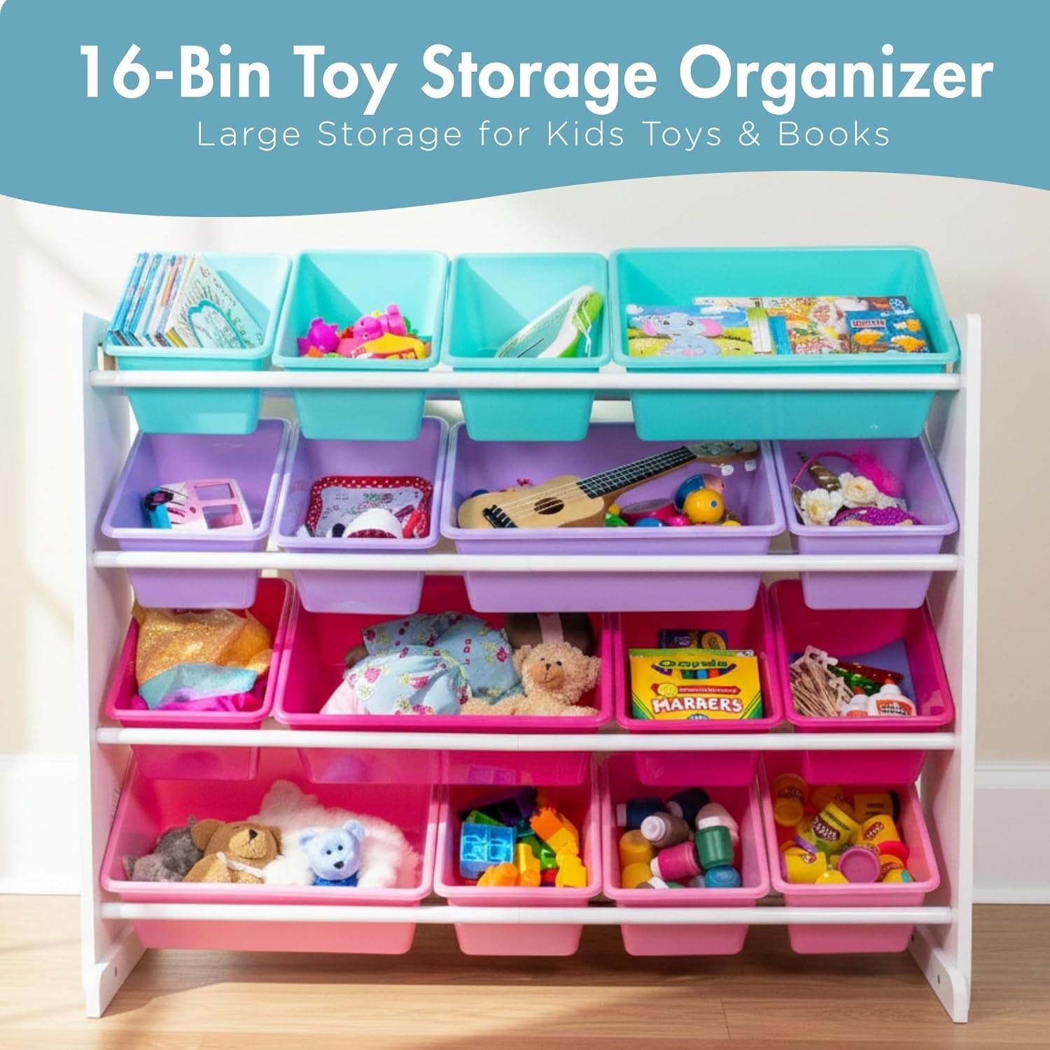 Supersized Toy Storage Organizer with 16 Removable Bins, White/Blue/Pink/Purple – Large Toy Storage for Toddlers Ideal for Kids' Rooms, Playrooms, and Nurseries - Modern Toy Bins for Kids