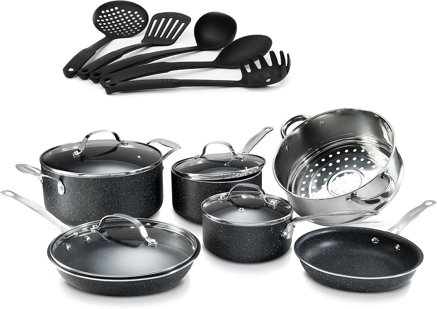Granite Stone Black Cookware Set Nonstick Pots and Pans Set– 10Pc Cookware Sets |+ 5 Piece Utensil Set| Cookware Pots and Pans for Cooking Pan Set |  Diamond Cookware Set Nonstick Pan Set