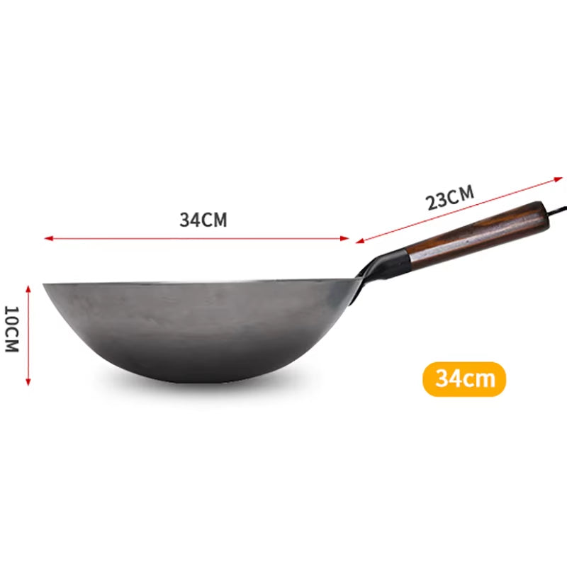 Traditional Iron Wok,Non-Coating Woks Hand Forged for Kitchen Panwooden Handle Wok Kitchen Gas Pot Cookware