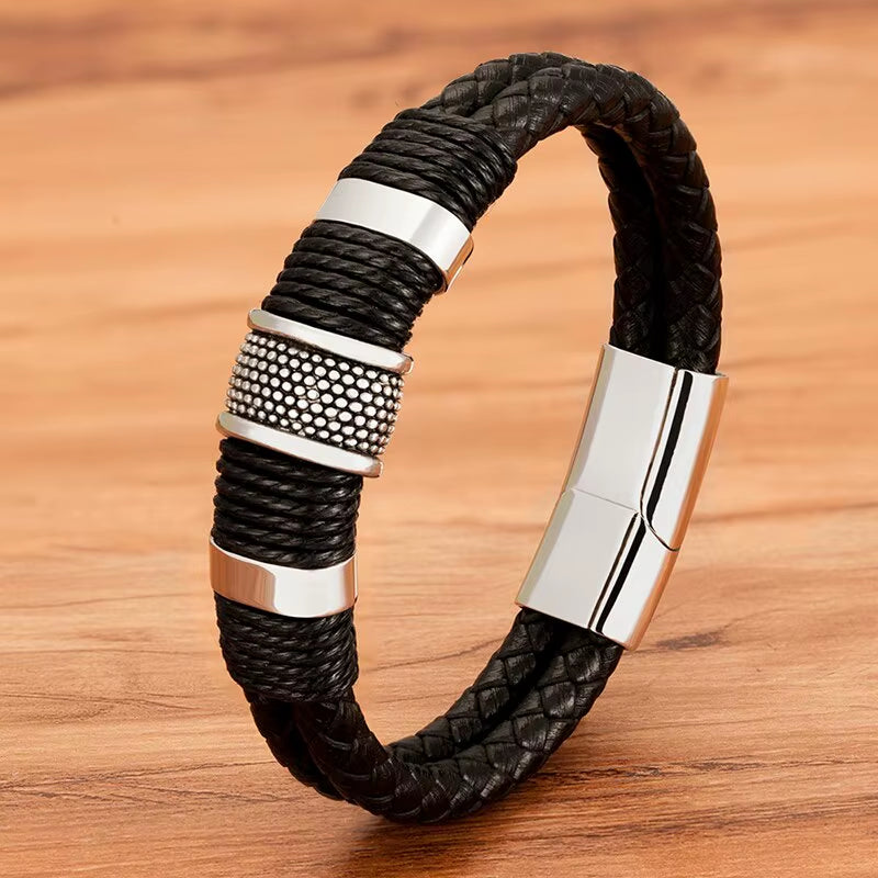 Vintage Woven Leather Rope Wrap Bracelets for Men Classic Stainless Steel Bangles Bracelets Punk Wristband Jewelry Male Gifts