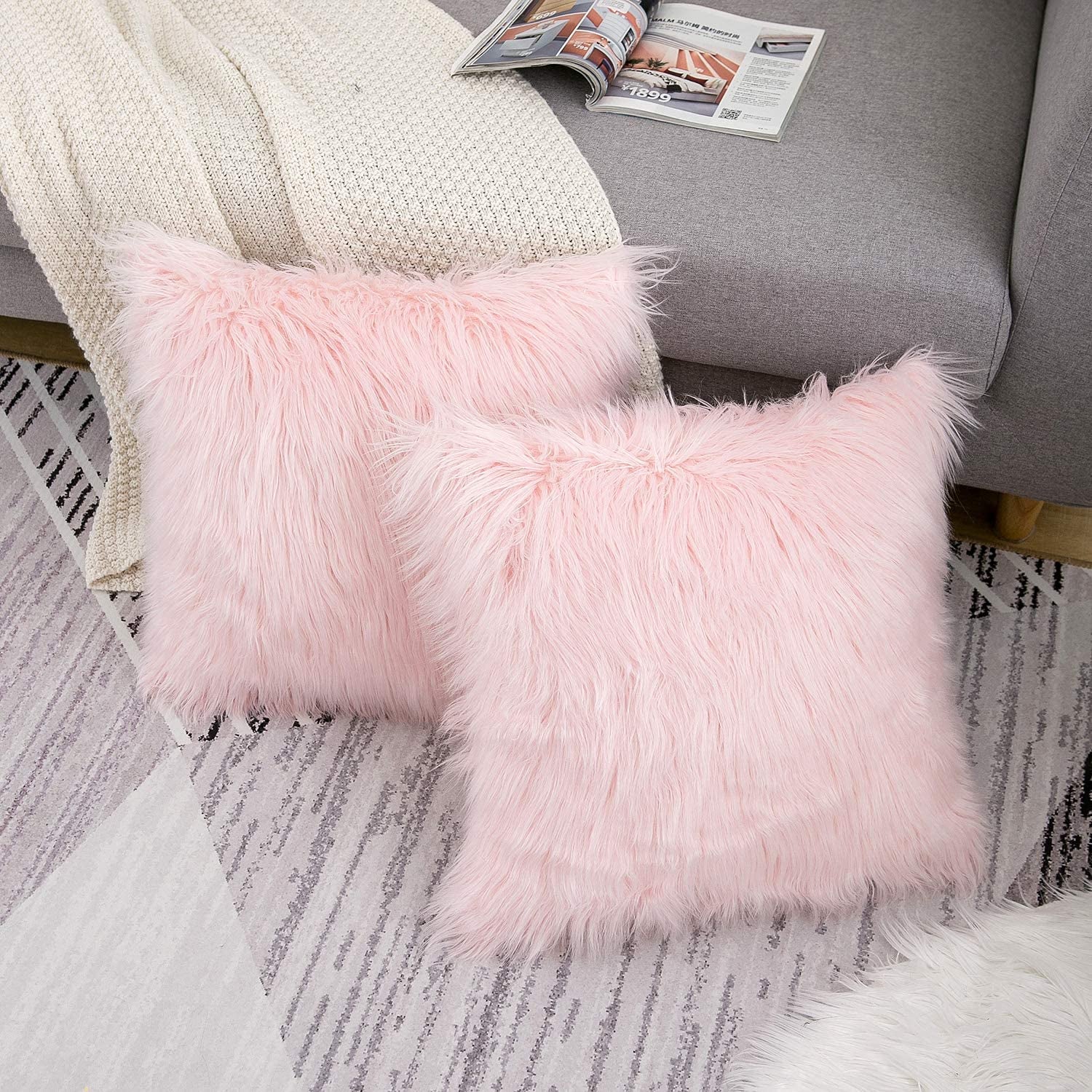 Set of 2 Easter Spring Pink Fluffy Pillow Covers New Luxury Series Merino Style Blush Faux Fur Throw Pillow Covers Square Fuzzy Cushion Case 18X18 Inch for Couch Sofa Home Decorations