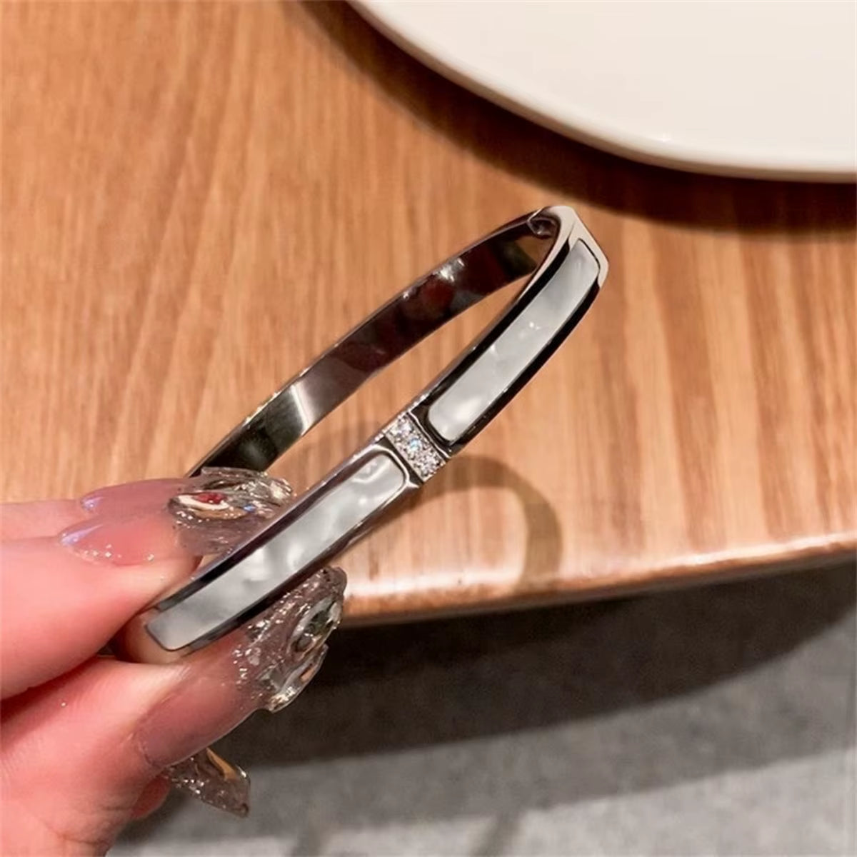 Yupsk 5Pcs/Set Silver Color Titanium Steel Bracelet for Couples Shiny Zircon Inlaid Stainless Steel Bangles Female Jewelry Gift
