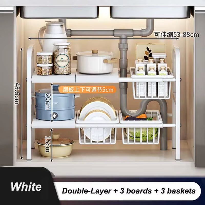 Kitchen under Sink Adjustable Dish Rack 2 Tiers Multifunctional Pots Pans Cookware Storage Rack Kitchen Counter Cabinet Basket